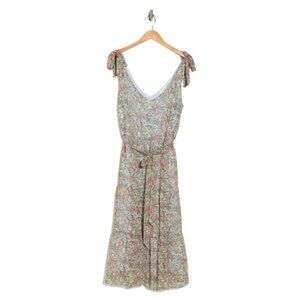 Lucy Paris Tiered Floral Print Midi Tie-Shoulder Dress Sz S